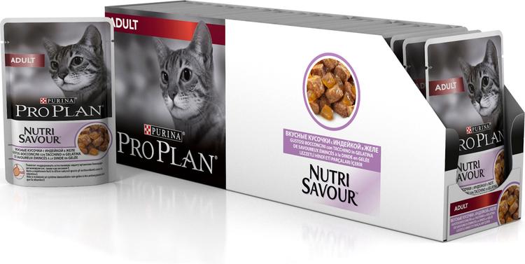 Консервы "Pro Plan", для взрослых кошек, с индейкой, желе, 24 шт x 85 г