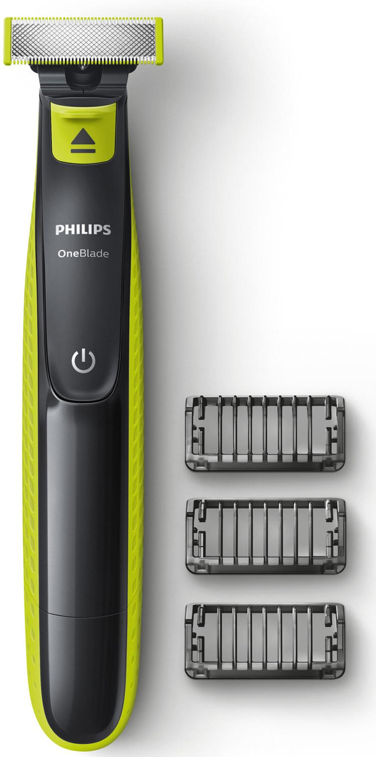 Триммер для бороды и усов Philips OneBlade QP2520/20 с 3 насадками-гребнями, зеленый, черный
