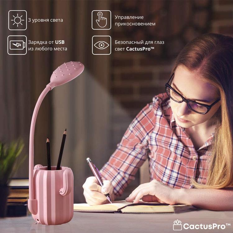 Настольная лампа светодиодная, светильник-органайзер CactusPro 2 (Улучшенная), розовый