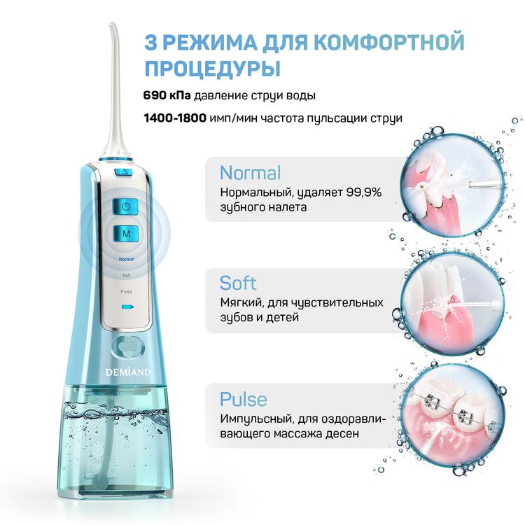 Портативный ирригатор для очистки полости рта, 4 насадки, сумочка, ёмкость 300мл DEMIAND Professional IR-P600/Бирюза