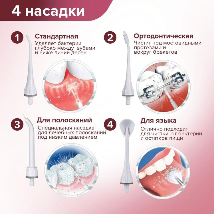 Медицинский портативный ирригатор для очистки зубов и полости рта, 4 насадки, цвет розовый, AQUANICE JR003