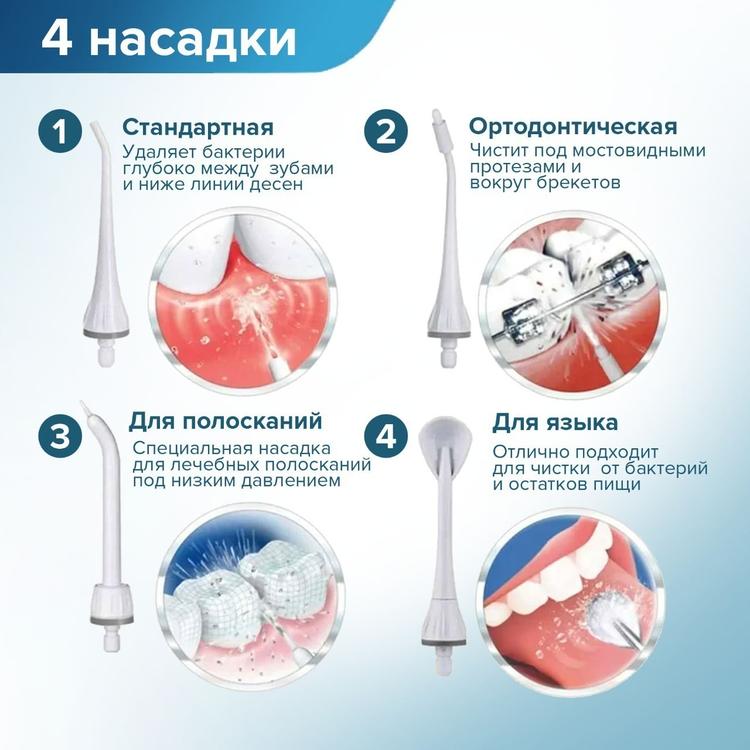 Медицинский портативный ирригатор для чистки зубов и полости рта, 4 насадки, цвет белый, AQUANICE JR003 