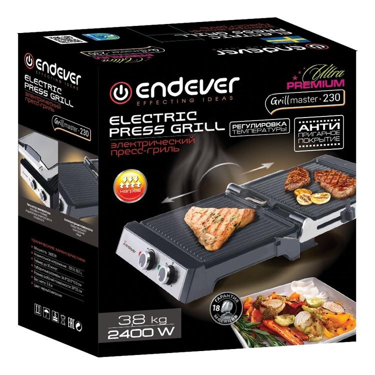 Гриль-пресс Endever Grillmaster 230 мощность 2400 Вт, терморегулятор (100-220 град), таймер до 30 мин, внутреннее антипригарное покрытие, световой индикатор нагрева и готовности к работе