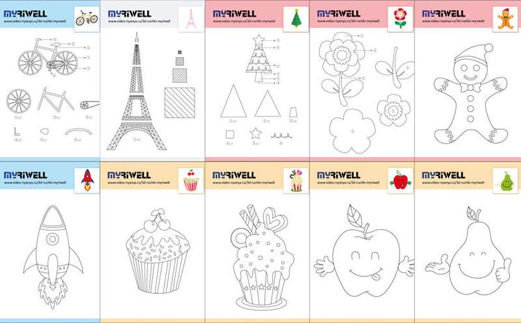 3D ручка Myriwell RP100B (цвет: фиолетовый) с набором пластика PLA 10 цветов по 10 метров и набором трафаретов для 3D ручек