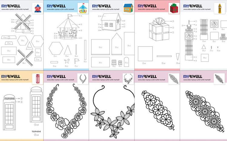 3D ручка Myriwell RP100B (цвет: фиолетовый) с набором пластика PLA 10 цветов по 10 метров и набором трафаретов для 3D ручек