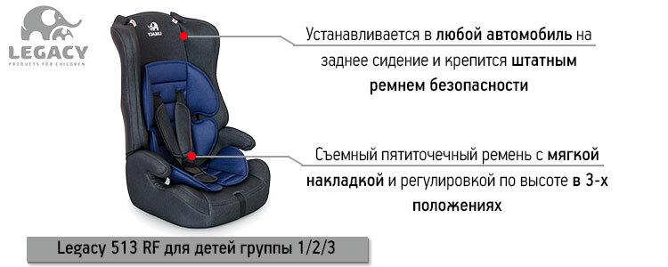 Автокресло Legacy 513 RF для детей группы 1/2/3 (вес - от 9 до 36 кг, возраст - от 9 месяцев до 12-ти лет) + Бустер. Джинс Грей