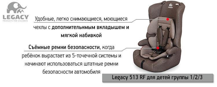 Автокресло Legacy 513 RF для детей группы 1/2/3 (вес - от 9 до 36 кг, возраст - от 9 месяцев до 12-ти лет) + Бустер. Джинс Грей