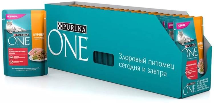 Корм консервированный Purina One Курица и зеленая фасоль, для стерилизованных кошек и кастрированных котов, 75 г х 78 шт