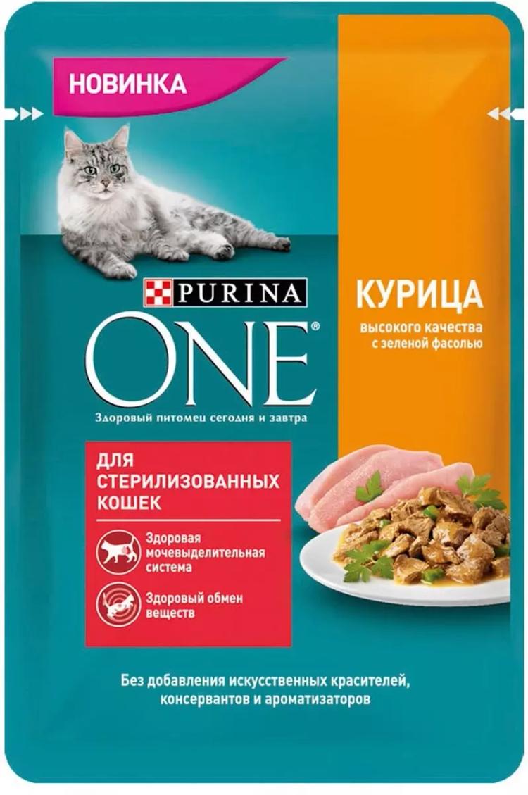Корм консервированный Purina One Курица и зеленая фасоль, для стерилизованных кошек и кастрированных котов, 75 г х 78 шт