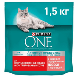 Сухой корм Purina ONE для стерилизованных кошек и кастрированных котов, с высоким содержанием лосося и пшеницей, 1,5 кг