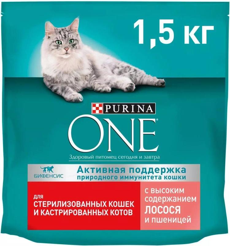 Сухой корм Purina ONE для стерилизованных кошек и кастрированных котов, с высоким содержанием лосося и пшеницей, 1,5 кг